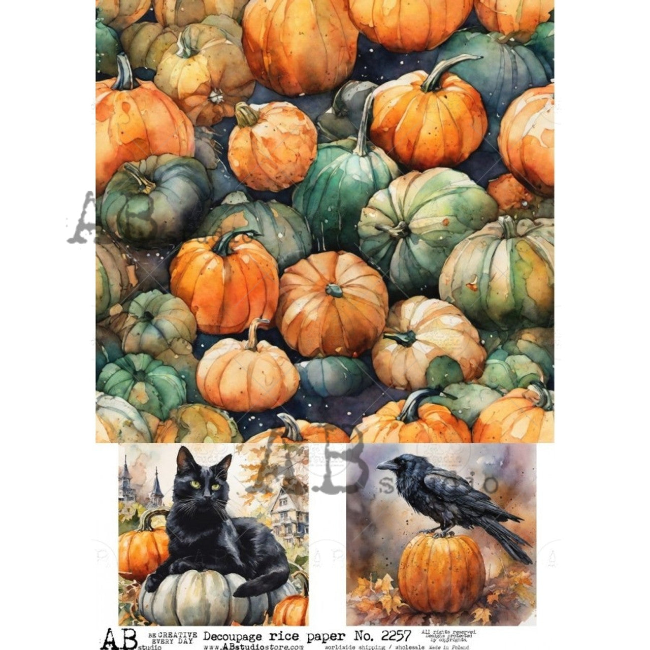 Cat Bird and Pumpkins 3 Scenes (#2257) Rice Paper- AB Studios