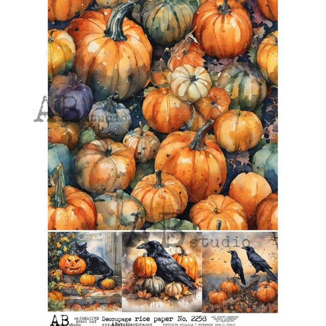 Cat Bird and Pumpkins 4 Scenes (#2258) Rice Paper- AB Studios