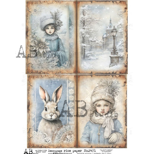 Winter Girls & Rabbit Four Pack (#2471) Rice Paper- AB Studios