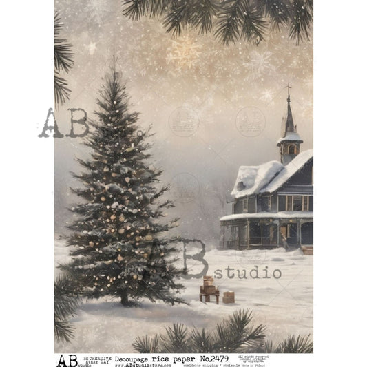 Tree & Winter Church (#2479) Rice Paper- AB Studios  Decoupage Queen
