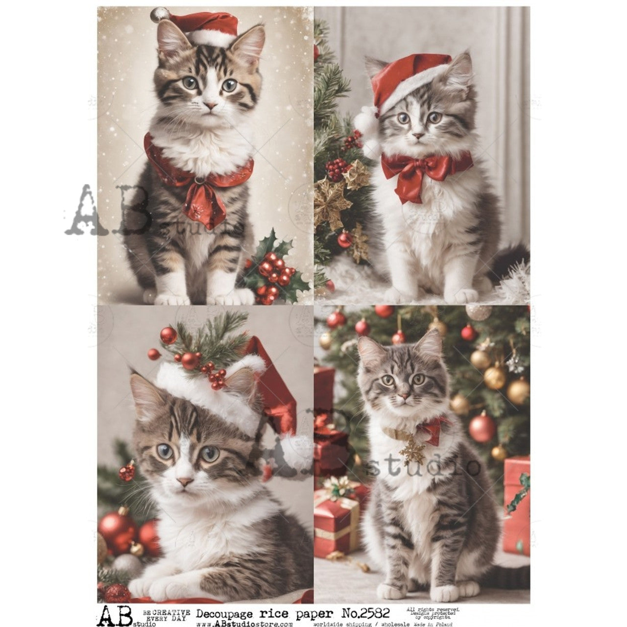 Christmas Kittens Four Pack (#2582) Rice Paper- AB Studios  Decoupage Queen