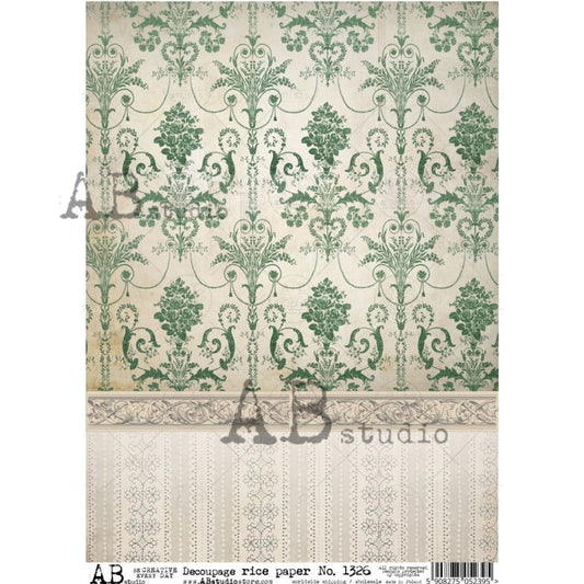 Green & Off White Baroque Pattern (#1326) Rice Paper- AB Studio