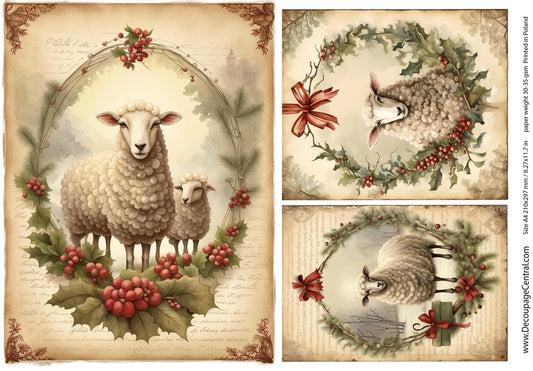 Christmas Sheep Trio A4 Rice Paper - Decoupage Central