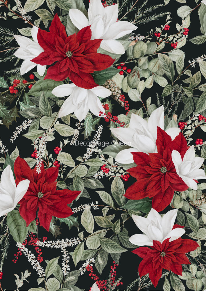 Forest Lore, Christmas Floral Black Rice Paper - Decoupage Queen