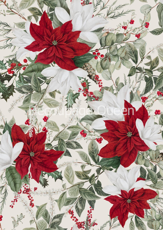 Forest Lore, Christmas Floral White Rice Paper - Decoupage Queen