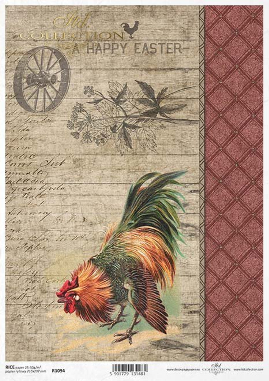 Happy Easter Rooster (R1094) Rice Paper- Decoupage Queen