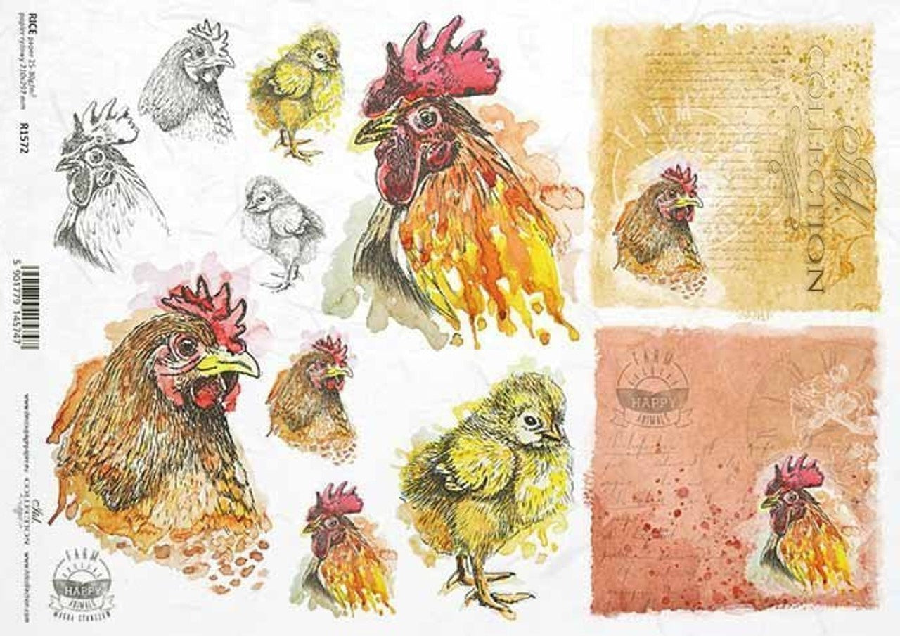 Farm Rooster Portraits (R1572) Rice Paper- Decoupage Queen