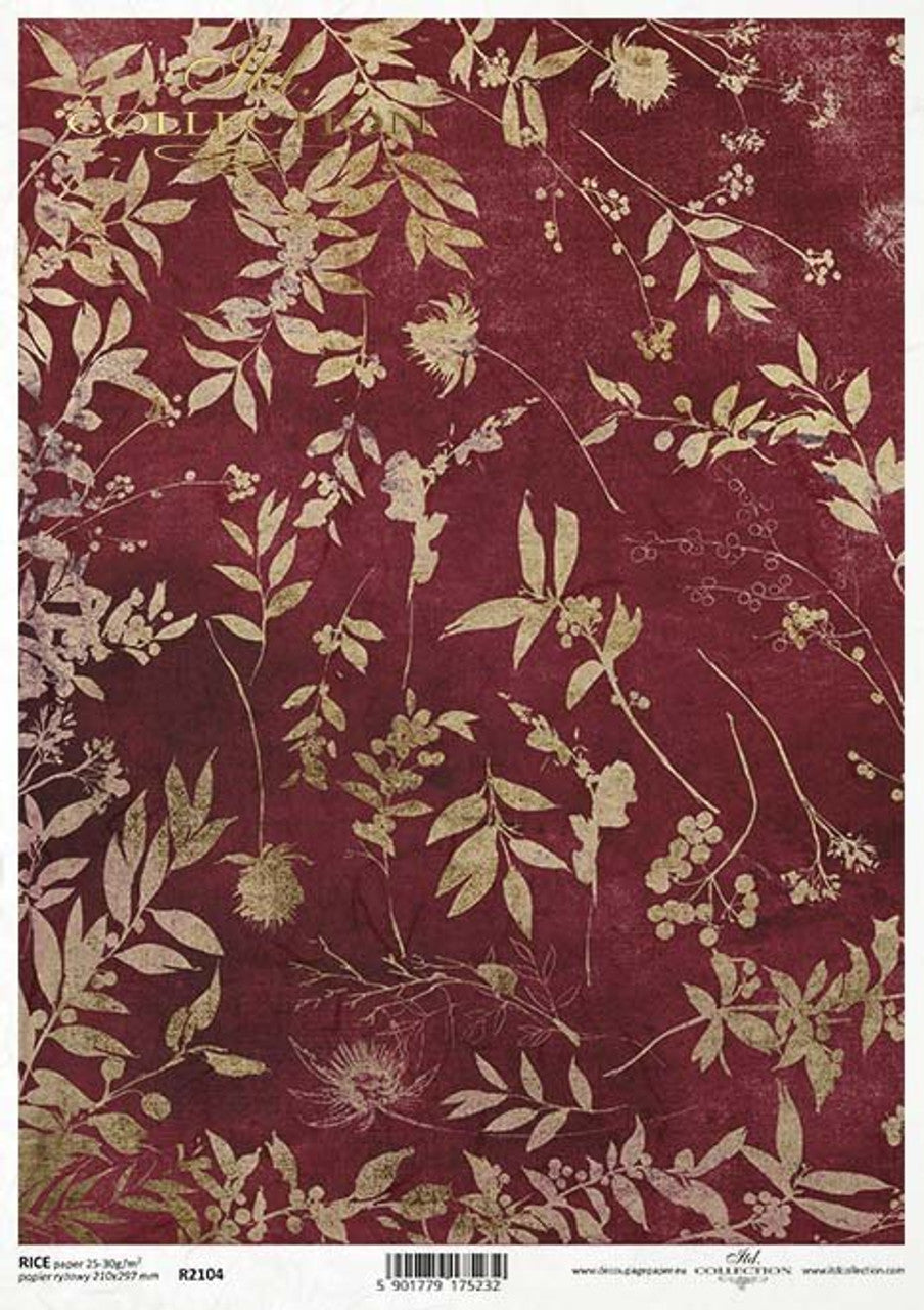 Burgundy with Gold Leaves Rice Paper- ITD Collection