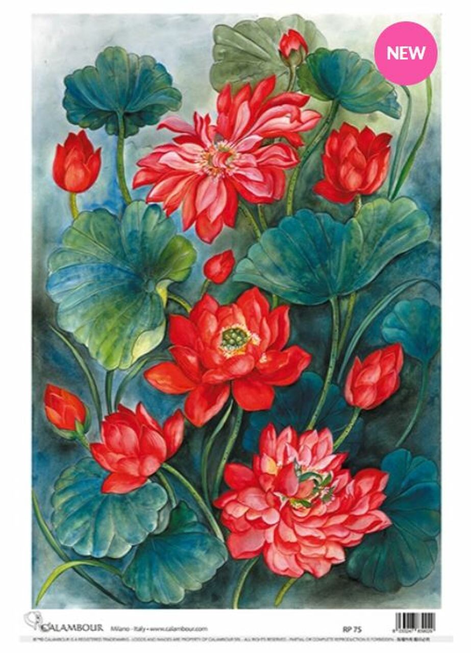 Red Lotus Blossoms Rice Paper (RP75) - Decoupage Queen