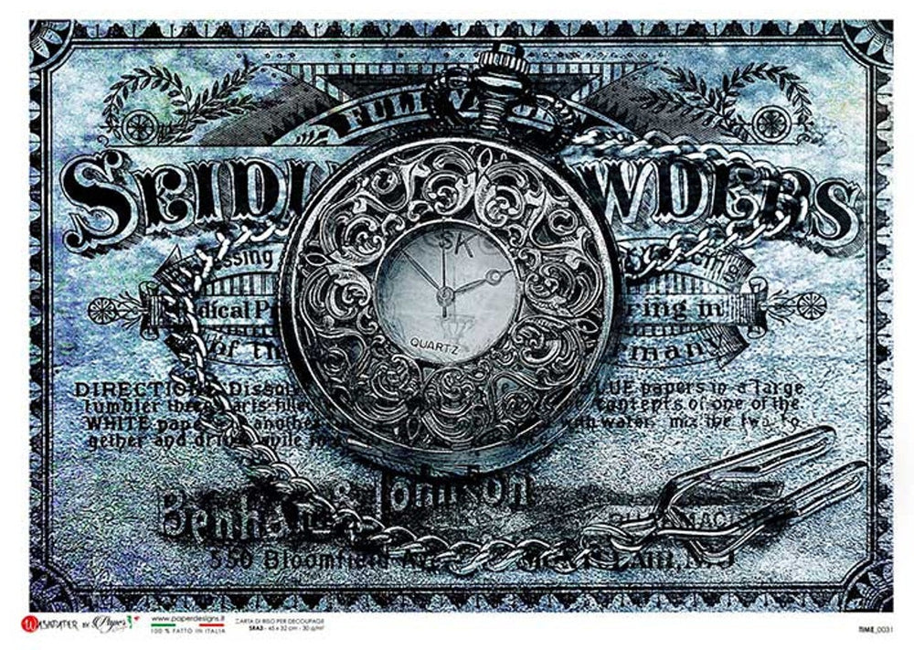 Time 0031 (Clock Timepiece Blue) Rice Paper- Paper Designs