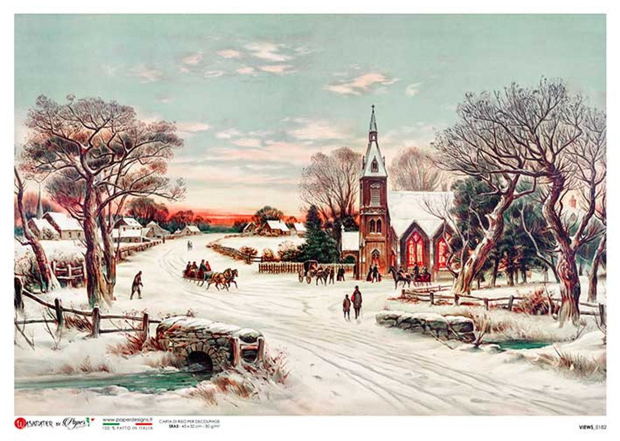 Winter Village with Church Rice Paper- Decoupage Queen