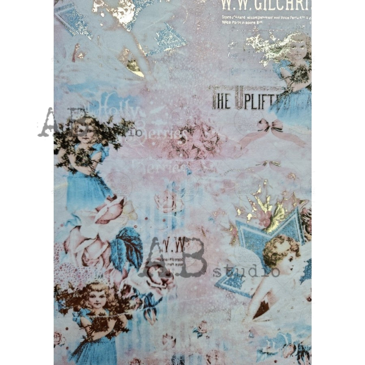 Gilded Blue & Pink Cherubs (#1023) Rice Paper- Decoupage Queen