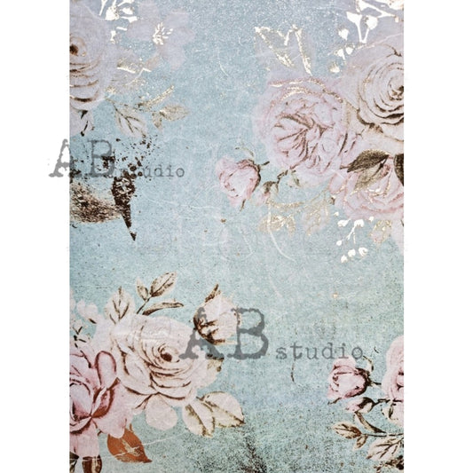 Gilded Aqua & Pink Floral (#1054) Rice Paper- Decoupage Queen