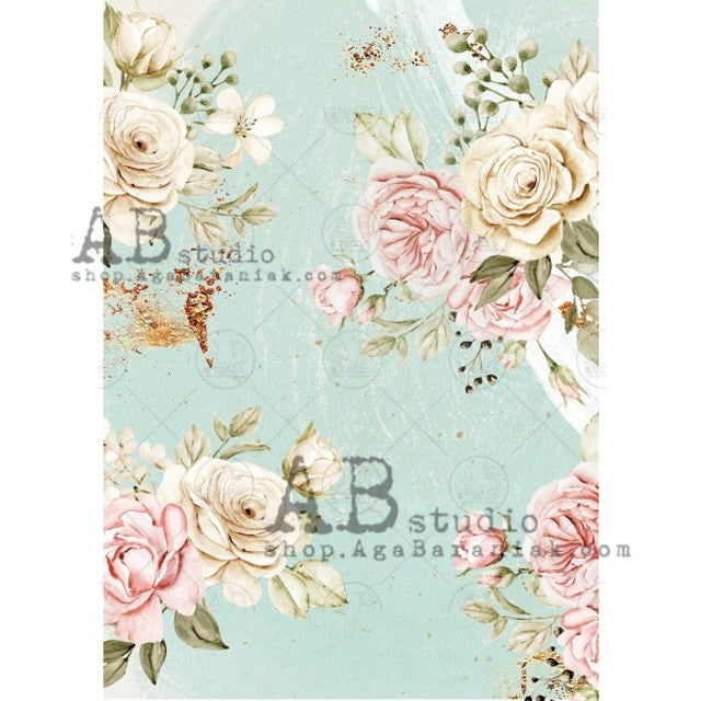 Aqua & Pink Roses (#525) Rice Paper- AB Studios