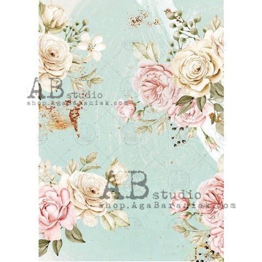 Aqua & Pink Roses (#0525) Rice Paper- AB Studios