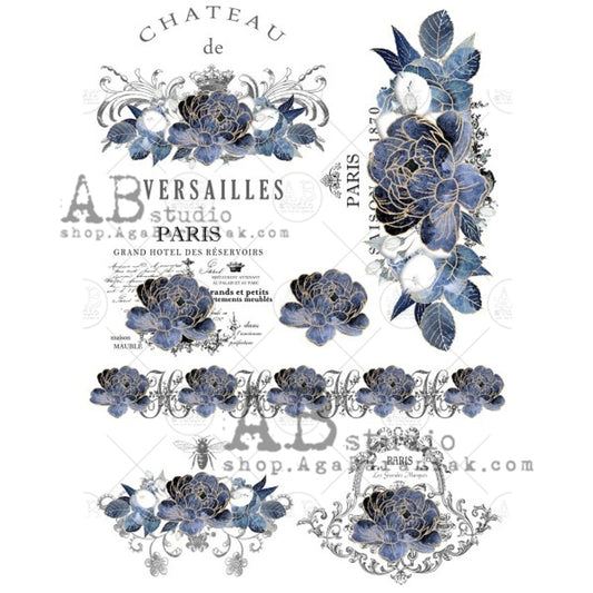 Blue Floral Parisian Labels Rice Paper (#0671) - AB Studios