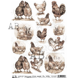 Sepia Hens & Roosters Rice Paper (1286) - Decoupage Queen