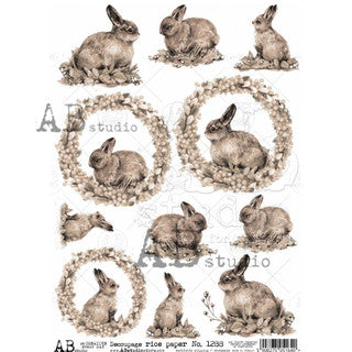 Sepia Bunny Rabbits Rice Paper (1288) - Decoupage Queen